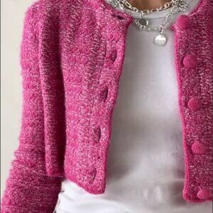 Zara Pink Tweed Knit Cardigan Jacket Sweater Barbie Pink Silver Metallic Size XL